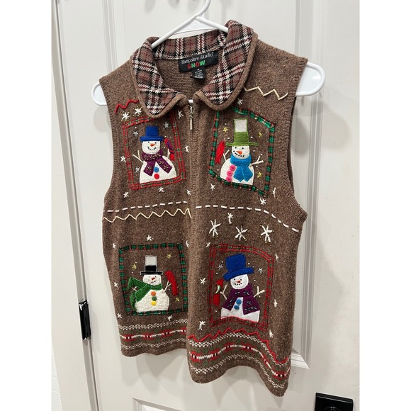 Hampshire Studio SNOW Women's Brown Snowman Ugly Christmas Sweater Vest Size M - Picture 6 of 12